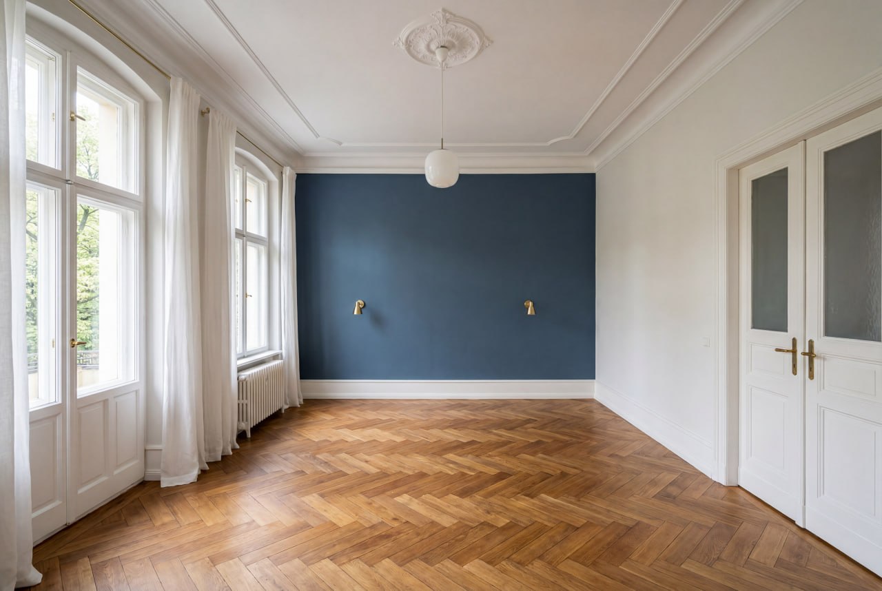 Sanierter Altbau-Wohnraum mit blauer Akzentwand, Stuck und Fischgrätparkett
